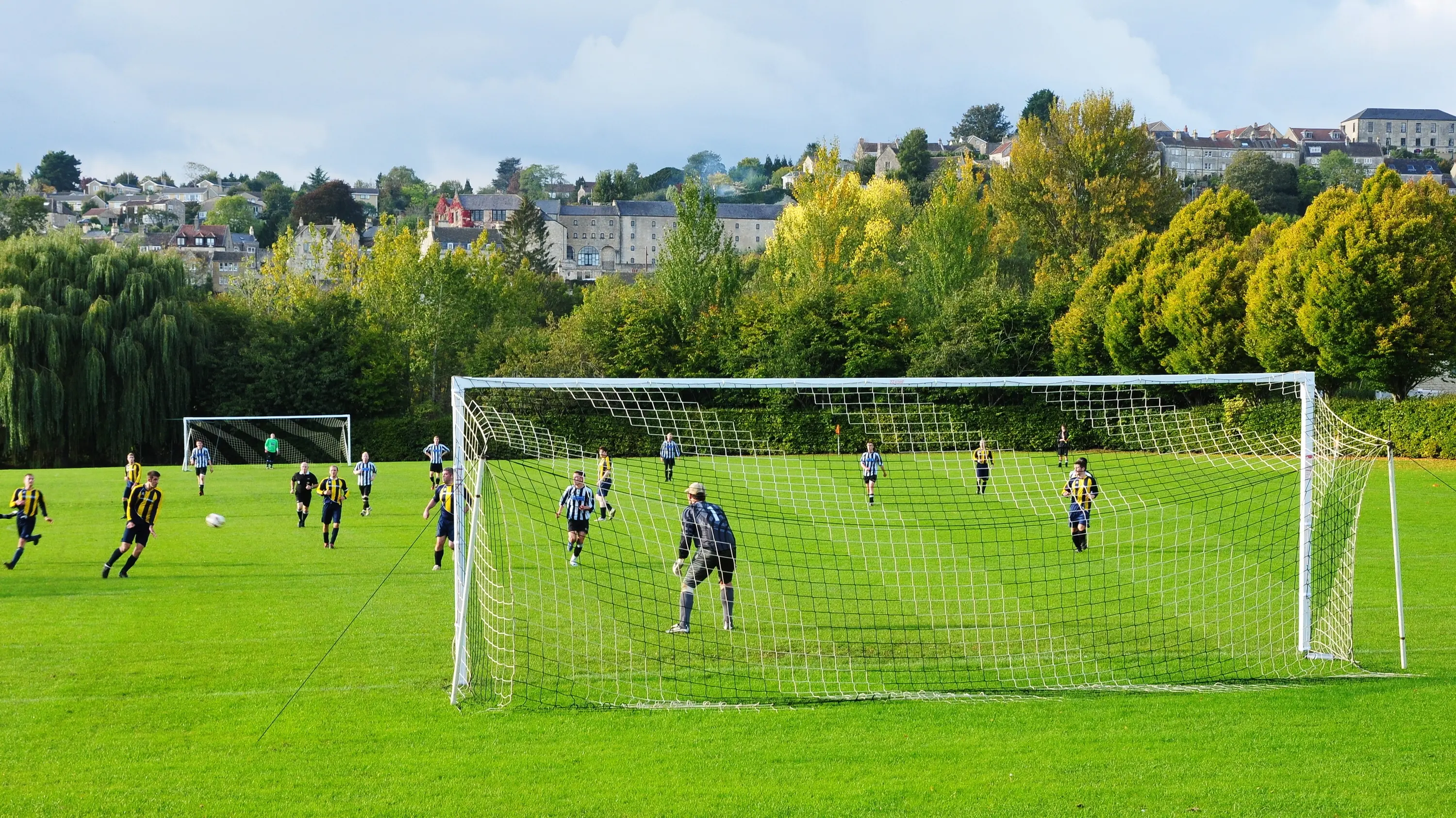 A football player is about to shoot at the goal during a match on a grassy field.